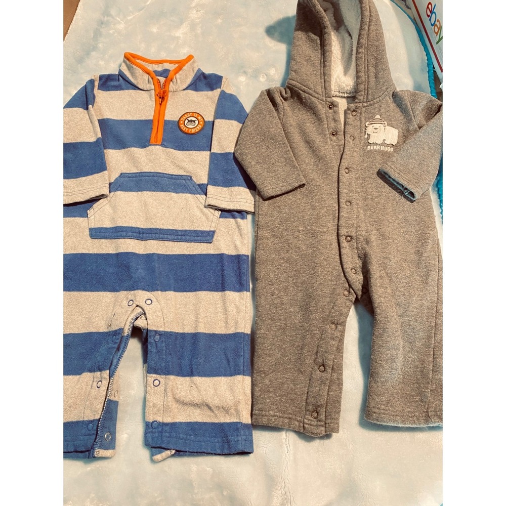 Carters Baby Boys Fleece Romper Set 12 Months Striped‎ Blue Grey Bear Hugs 2pc